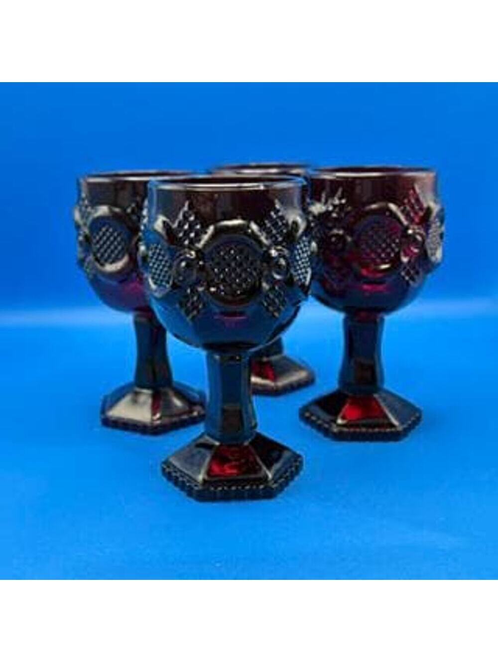 Vintage Avon Cape Cod Ruby Red Wine Goblets Set of 4, 1970s Pressed Glass
